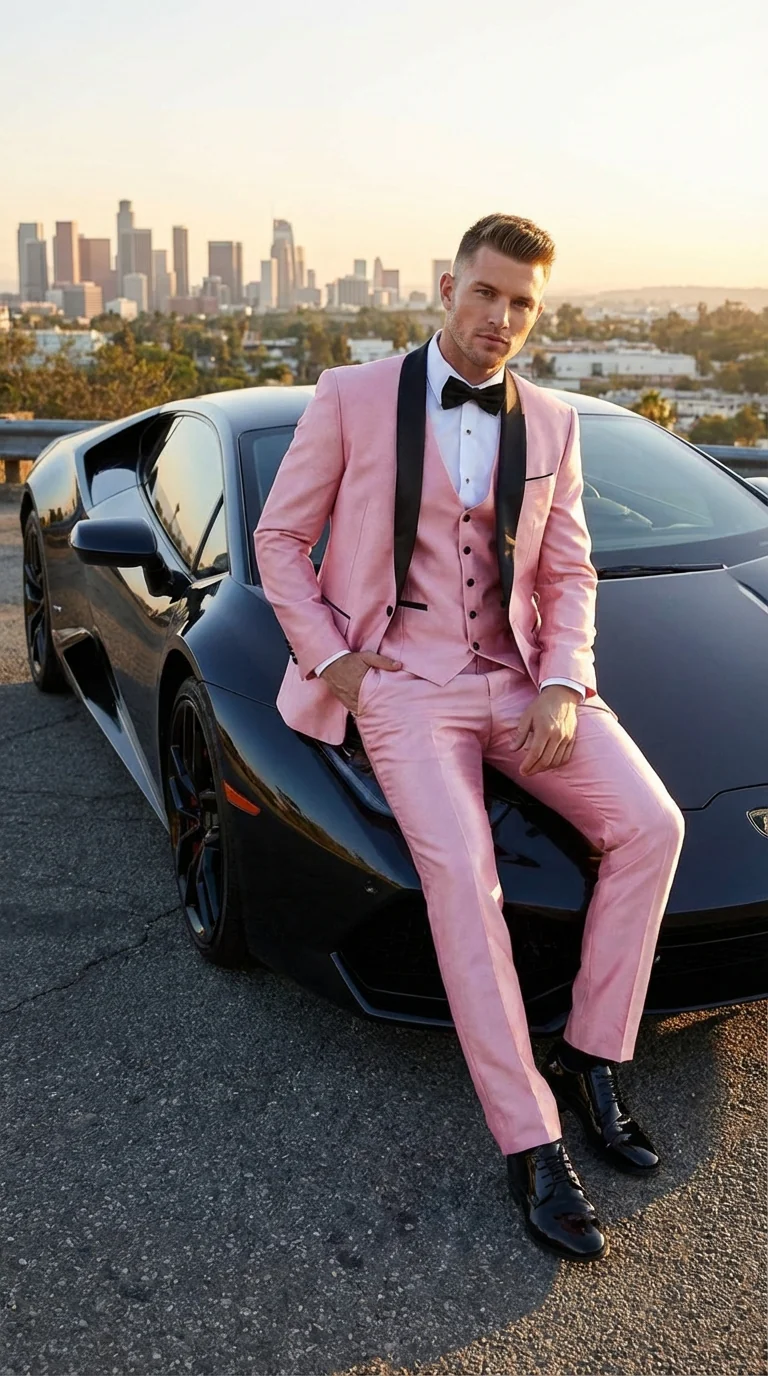 Men’s Blush Pink Shiny 3 Piece Suit with Black Shawl Lapel | Light Pink Prom Suit Sharkskin Fabric - Ultra Slim Fit - Image 9