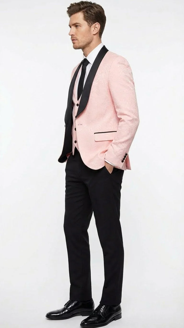 Men’s Blush Pink Tuxedo Suit Set with Black Shawl Lapel – 3 Piece Formal Wedding and Party Prom Vest + Black Pants - Image 3