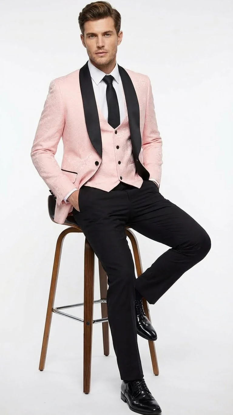 Men’s Blush Pink Tuxedo Suit Set with Black Shawl Lapel – 3 Piece Formal Wedding and Party Prom Vest + Black Pants - Image 4