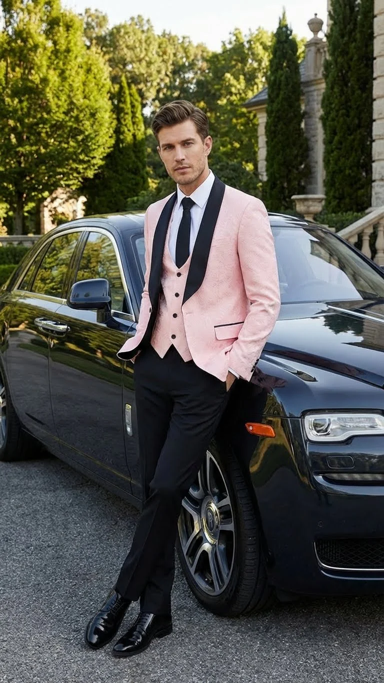 Men’s Blush Pink Tuxedo Suit Set with Black Shawl Lapel – 3 Piece Formal Wedding and Party Prom Vest + Black Pants - Image 7