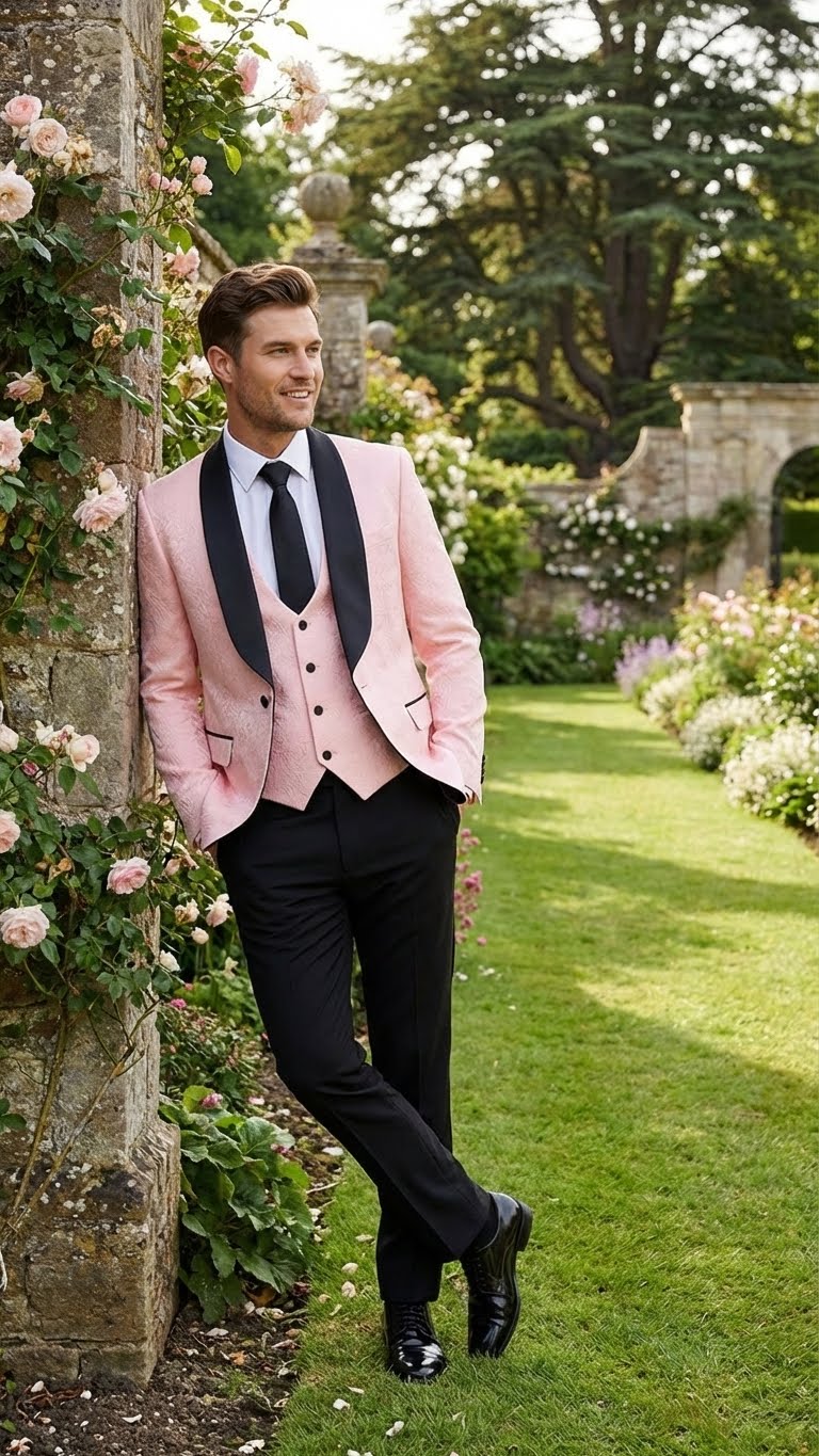 Men’s Blush Pink Tuxedo Suit Set with Black Shawl Lapel – 3 Piece Formal Wedding and Party Prom Vest + Black Pants - Image 8