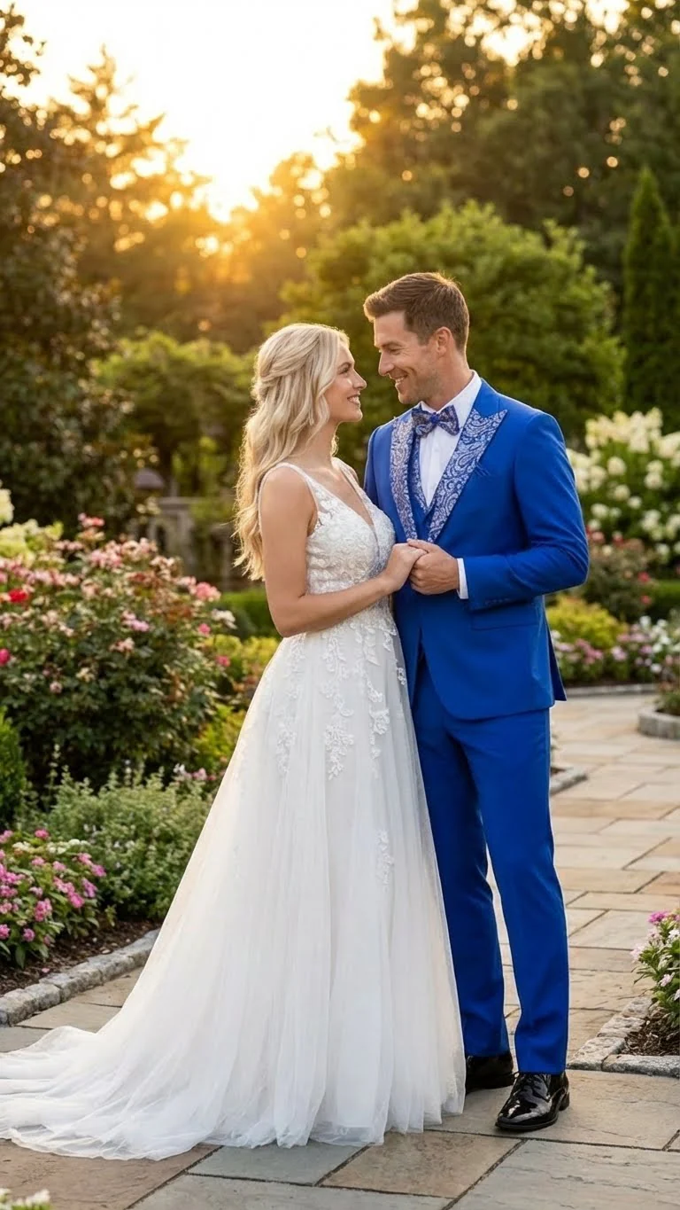 Men’s Bright Royal Blue and White lapel  Embellished Tuxedo Suit –  3-Piece Formal Wedding, Prom, and Gala Outfit - Image 4