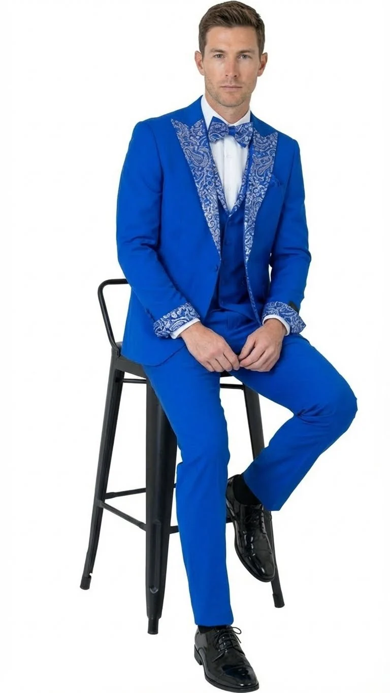 Men’s Bright Royal Blue and White lapel  Embellished Tuxedo Suit –  3-Piece Formal Wedding, Prom, and Gala Outfit - Image 6