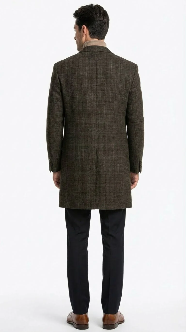 Men’s Brown Checkered Wool Overcoat – Long Winter Coat with Classic Plaid Pattern By Statement - Image 2