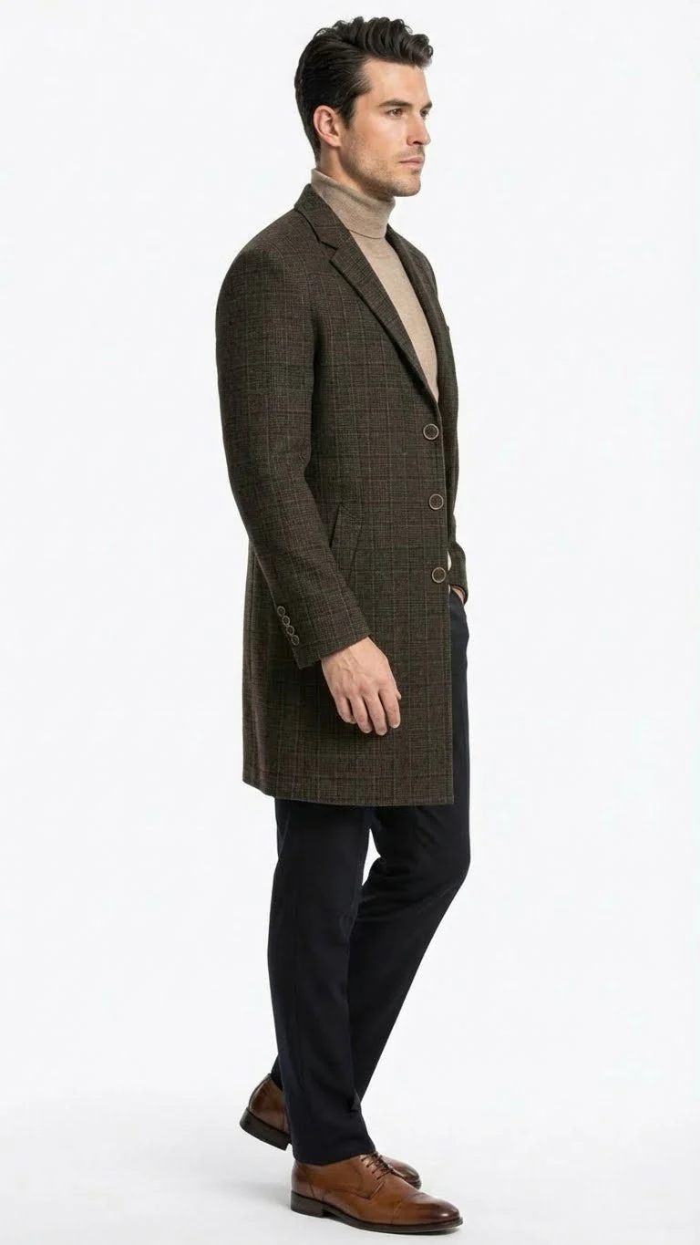 Men’s Brown Checkered Wool Overcoat – Long Winter Coat with Classic Plaid Pattern By Statement - Image 3