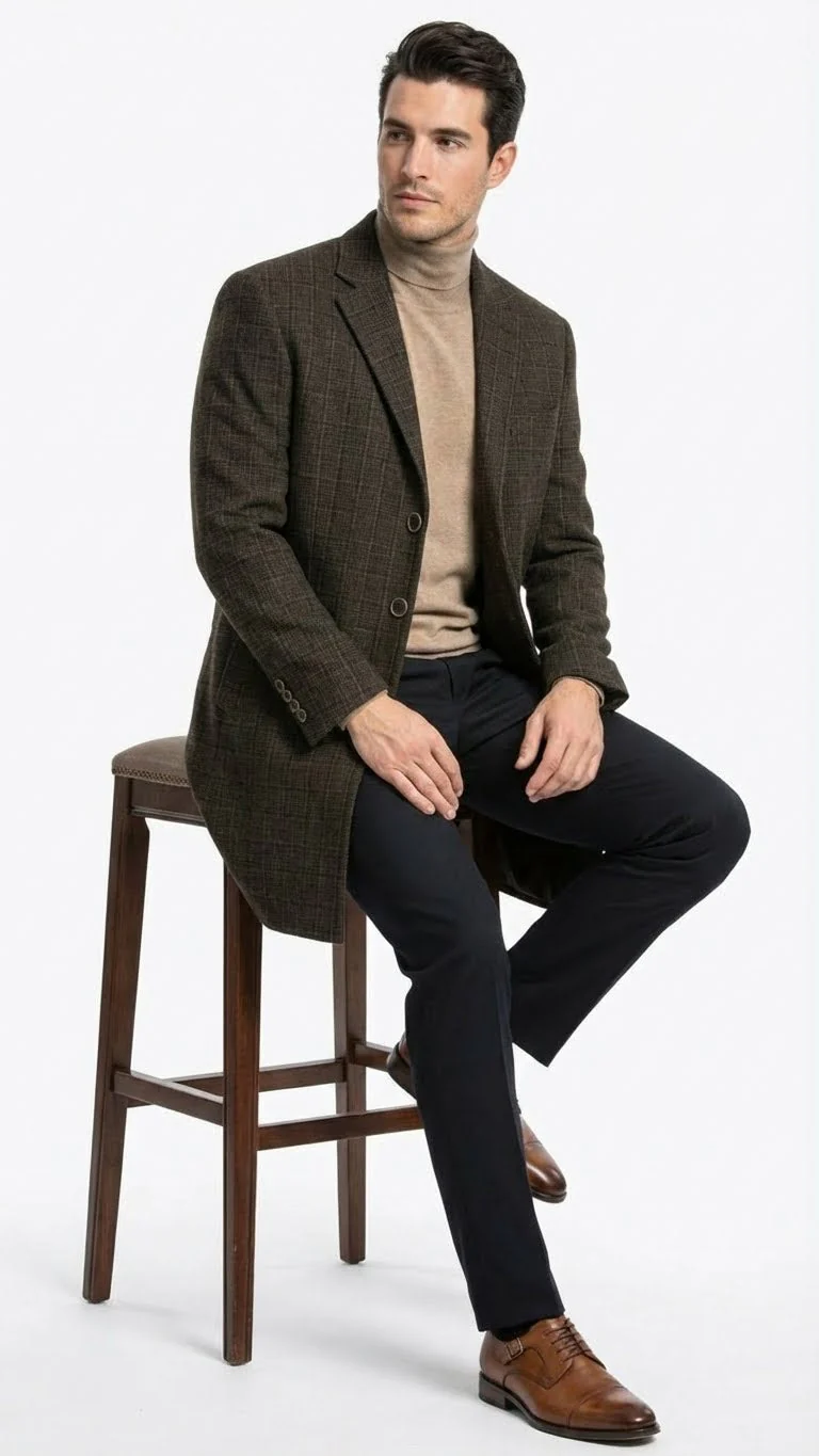 Men’s Brown Checkered Wool Overcoat – Long Winter Coat with Classic Plaid Pattern By Statement - Image 4