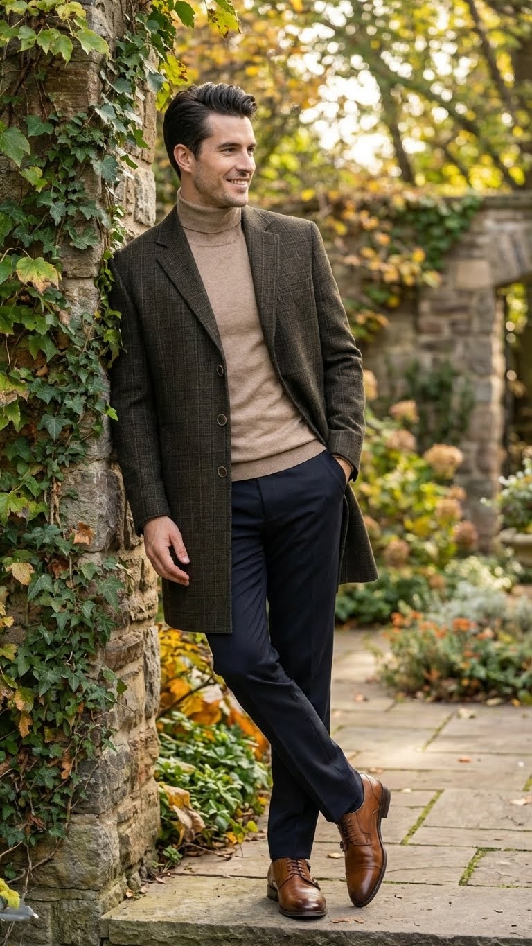 Men’s Brown Checkered Wool Overcoat – Long Winter Coat with Classic Plaid Pattern By Statement - Image 5