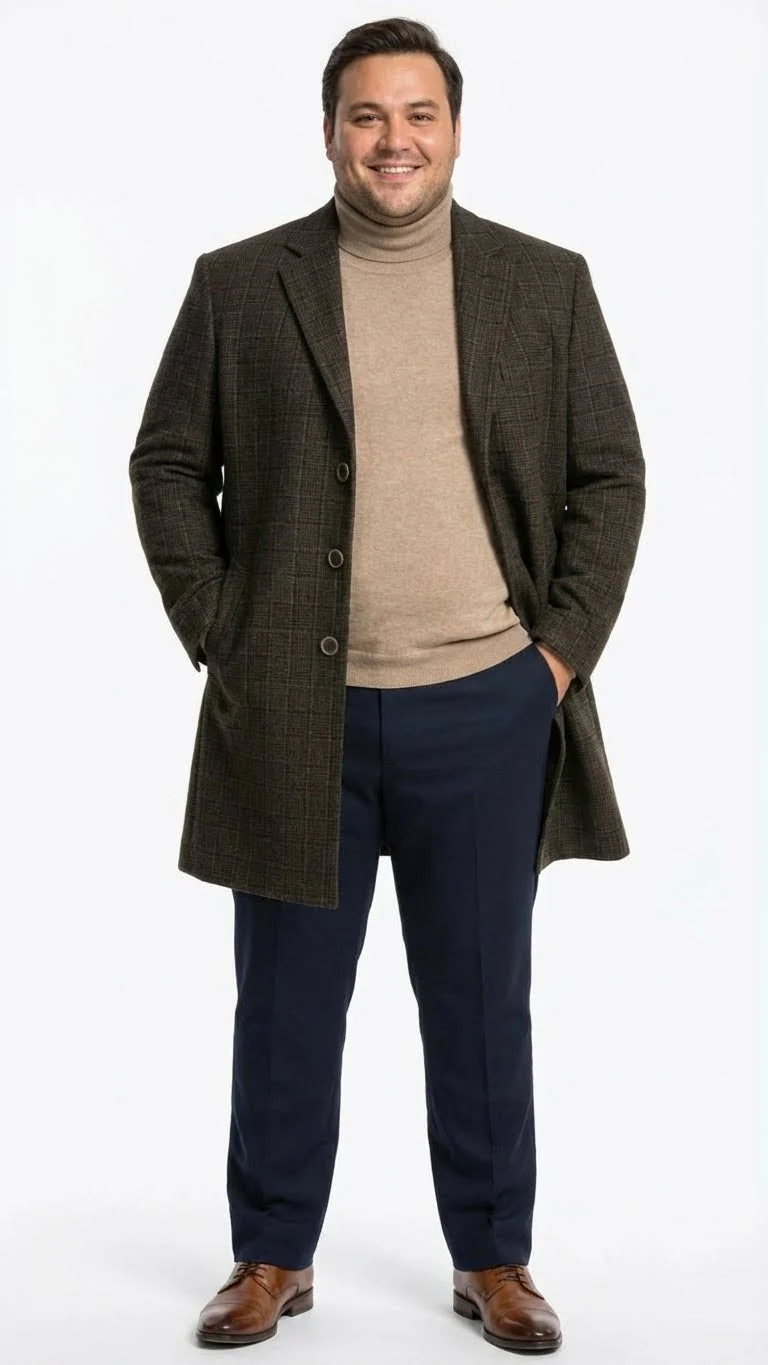 Men’s Brown Checkered Wool Overcoat – Long Winter Coat with Classic Plaid Pattern By Statement - Image 6