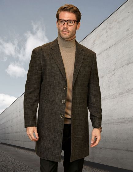 Men’s Brown Checkered Wool Overcoat – Long Winter Coat with Classic Plaid Pattern By Statement - Image 8