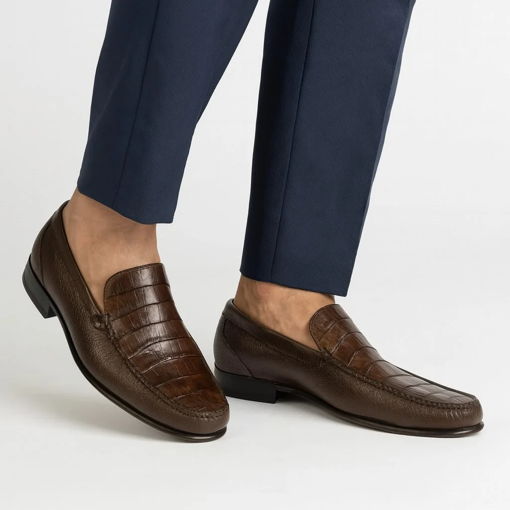 Men’s Brown Genuine Crocodile and Calfskin Leather Slip-On Dress Shoes - Image 3