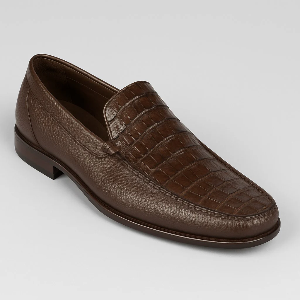 Men’s Brown Genuine Crocodile and Calfskin Leather Slip-On Dress Shoes - Image 4