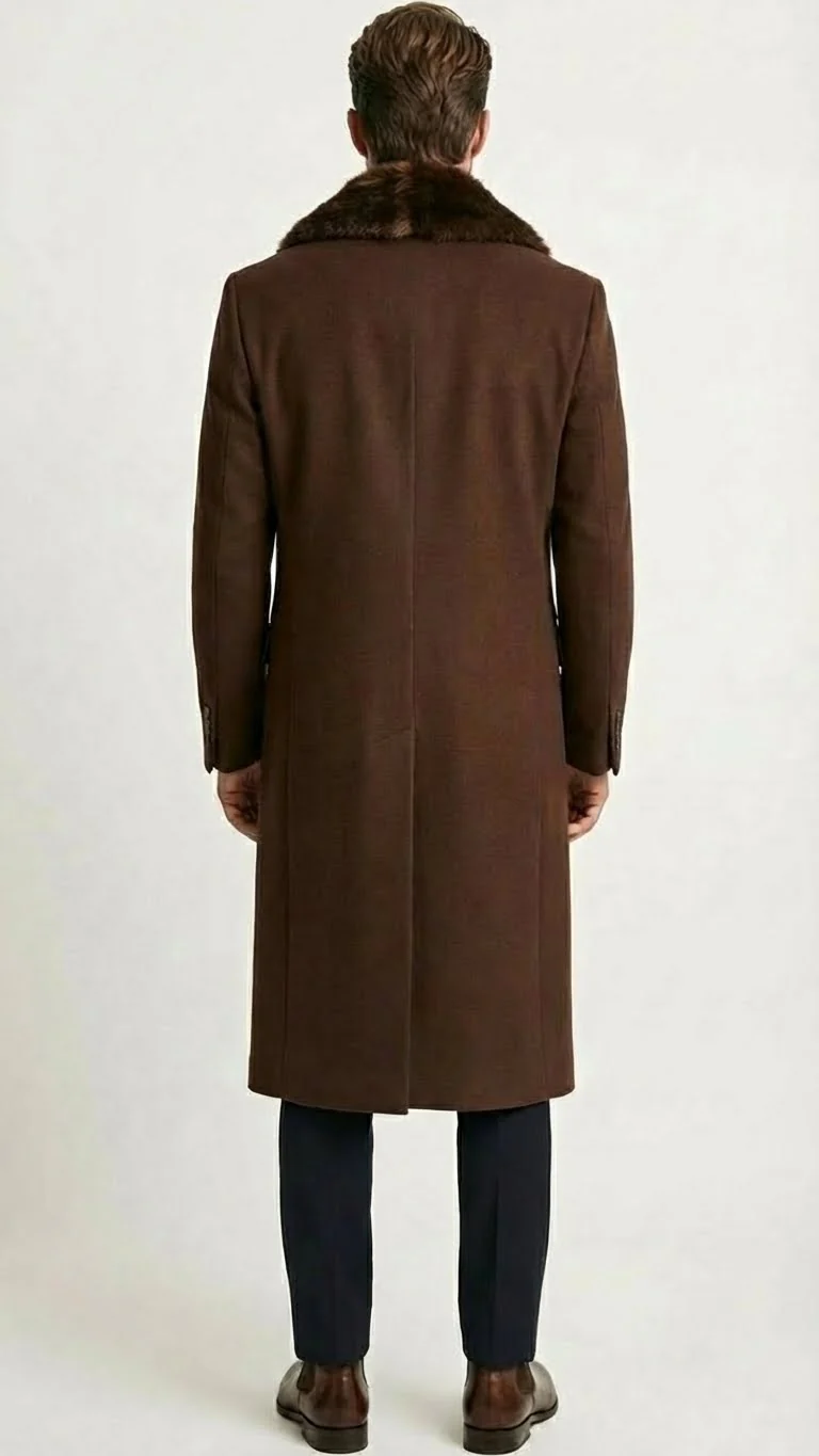 Men’s Brown Long Overcoat with Faux Fur Collar – Classic Winter Formal Coat Three Quarter Carcoat Wool and Cashmere Fabric - Image 2