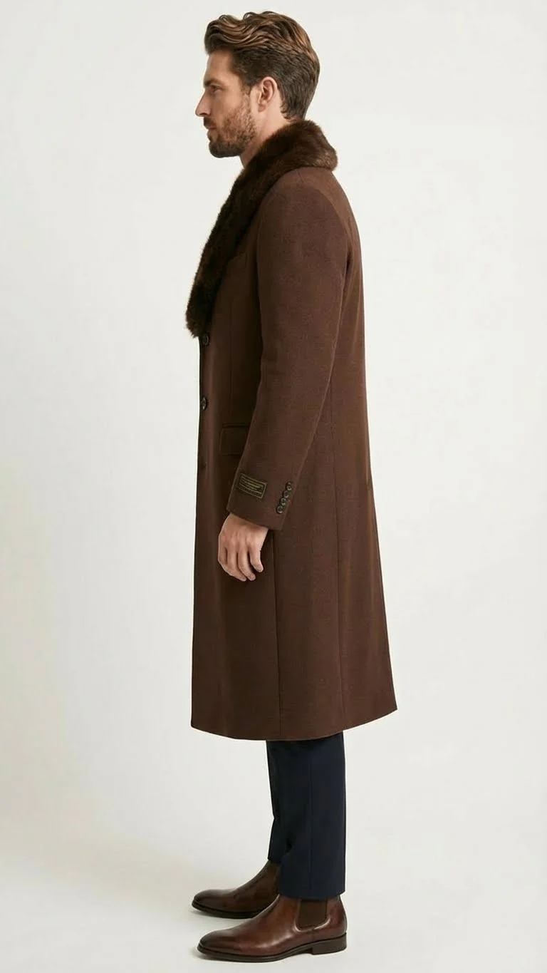 Men’s Brown Long Overcoat with Faux Fur Collar – Classic Winter Formal Coat Three Quarter Carcoat Wool and Cashmere Fabric - Image 3