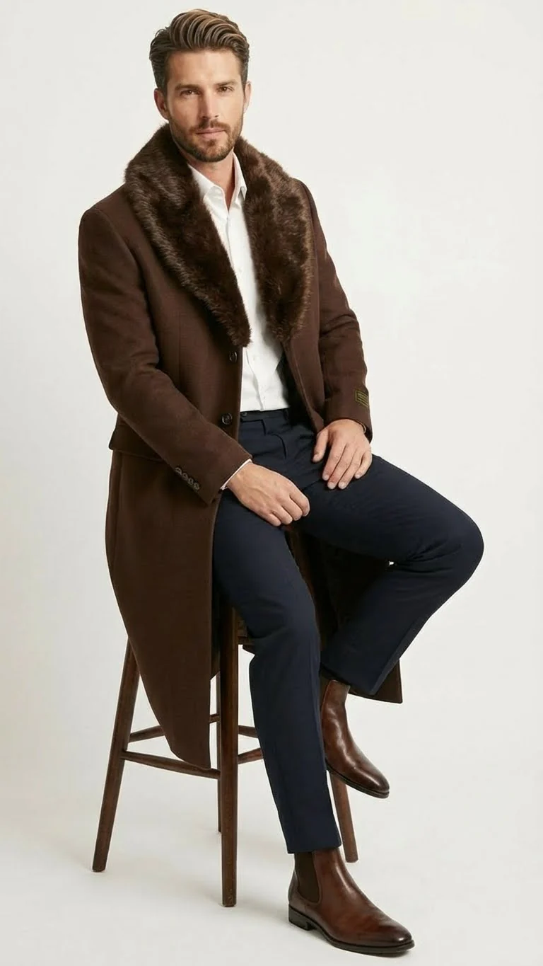 Men’s Brown Long Overcoat with Faux Fur Collar – Classic Winter Formal Coat Three Quarter Carcoat Wool and Cashmere Fabric - Image 4