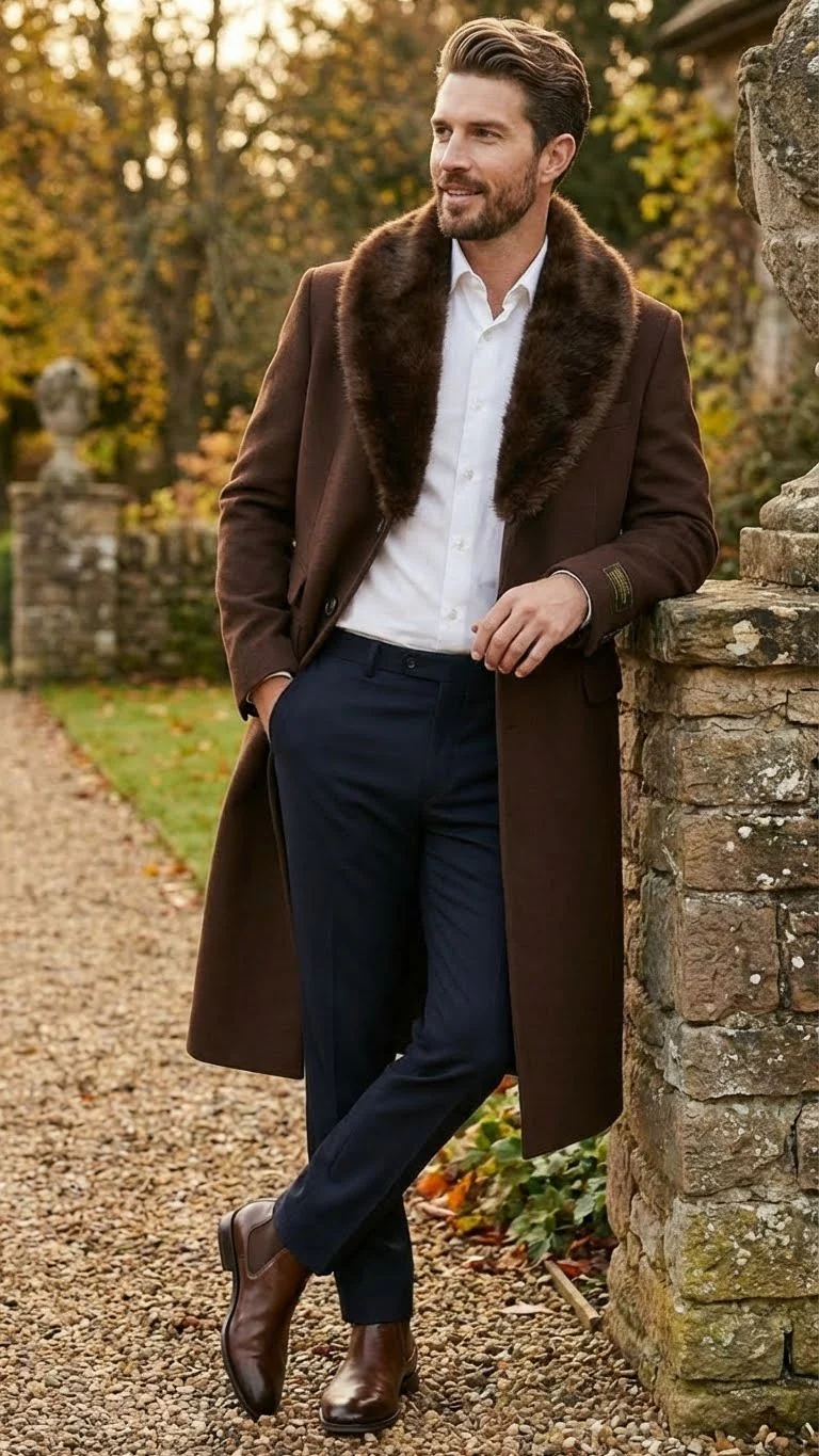 Men’s Brown Long Overcoat with Faux Fur Collar – Classic Winter Formal Coat Three Quarter Carcoat Wool and Cashmere Fabric - Image 5