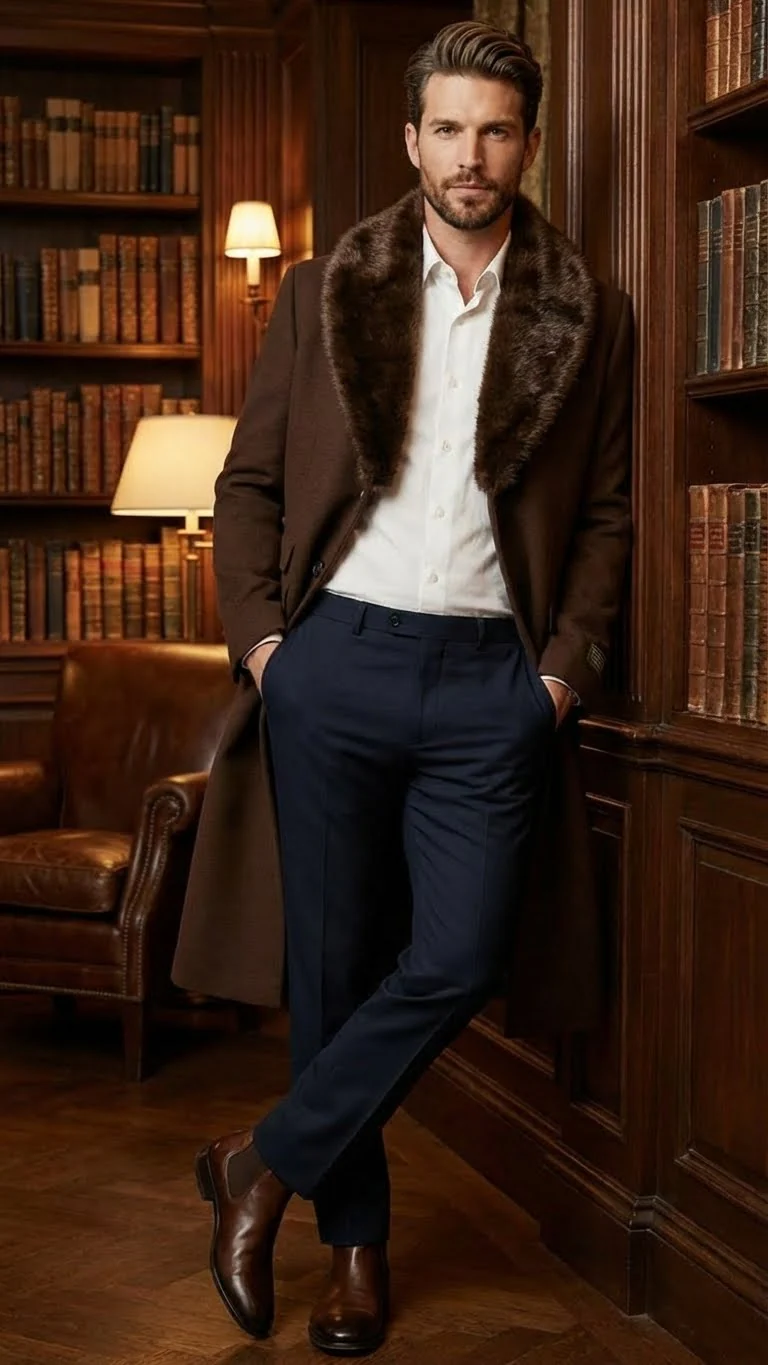Men’s Brown Long Overcoat with Faux Fur Collar – Classic Winter Formal Coat Three Quarter Carcoat Wool and Cashmere Fabric - Image 6
