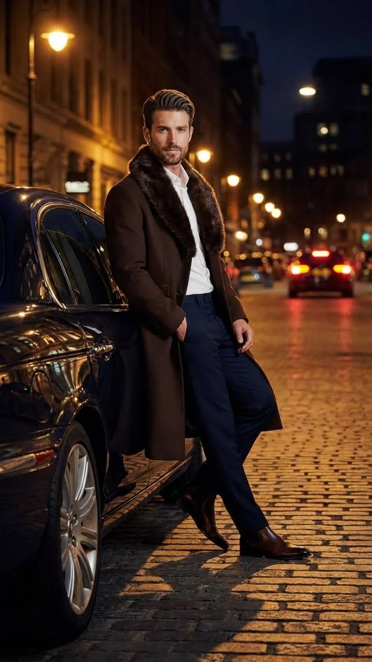Men’s Brown Long Overcoat with Faux Fur Collar – Classic Winter Formal Coat Three Quarter Carcoat Wool and Cashmere Fabric - Image 7