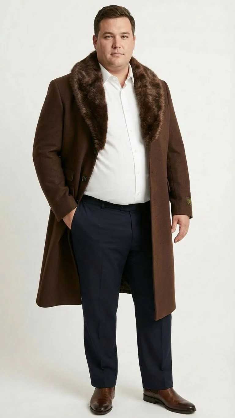 Men’s Brown Long Overcoat with Faux Fur Collar – Classic Winter Formal Coat Three Quarter Carcoat Wool and Cashmere Fabric - Image 9