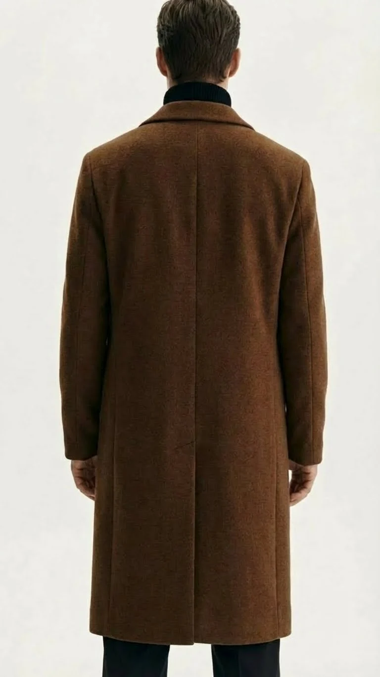 Men’s Brown Long Wool Overcoat – Topcoat Wool Carcoat Three Quarter - Image 2