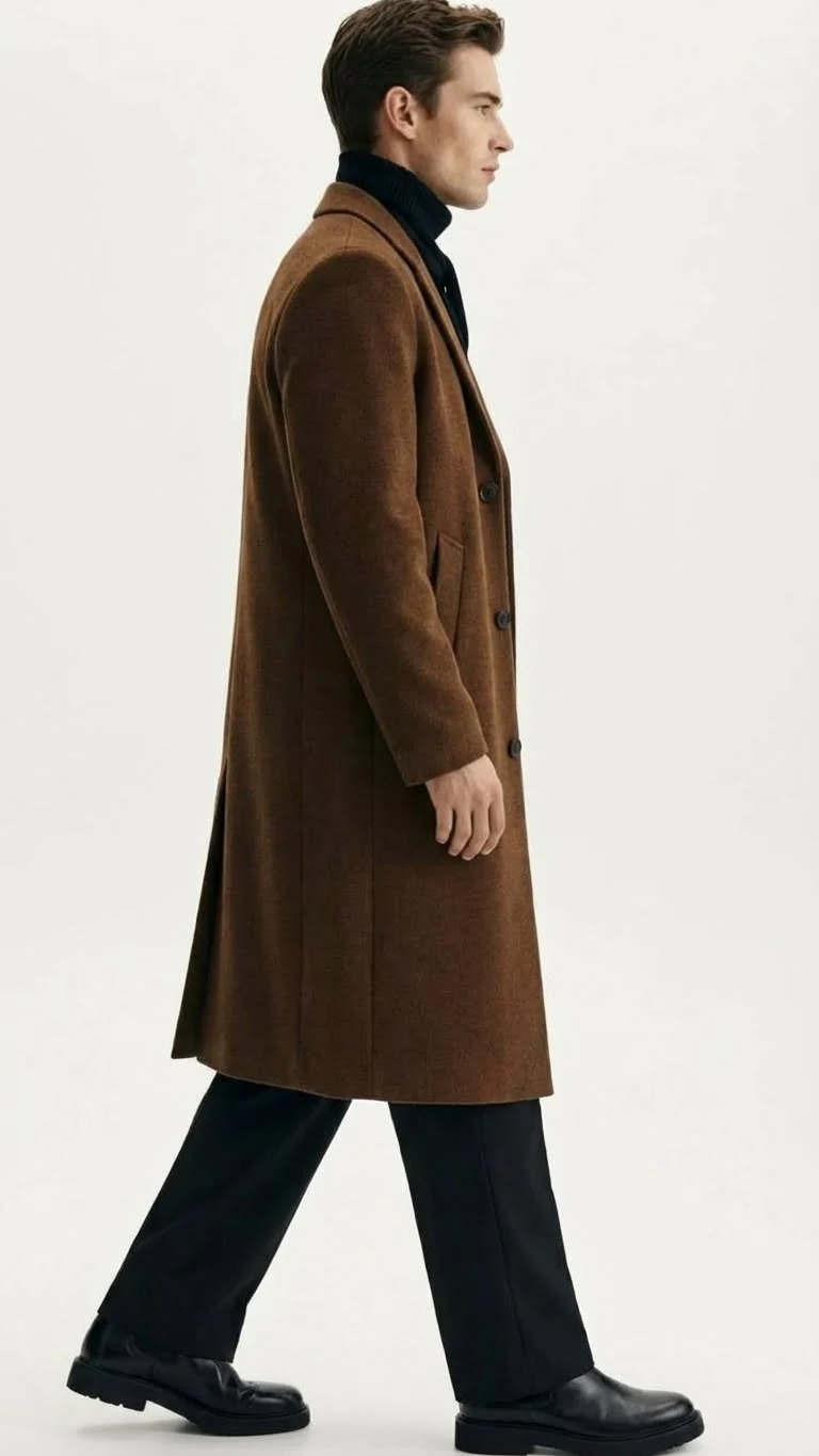 Men’s Brown Long Wool Overcoat – Topcoat Wool Carcoat Three Quarter - Image 3