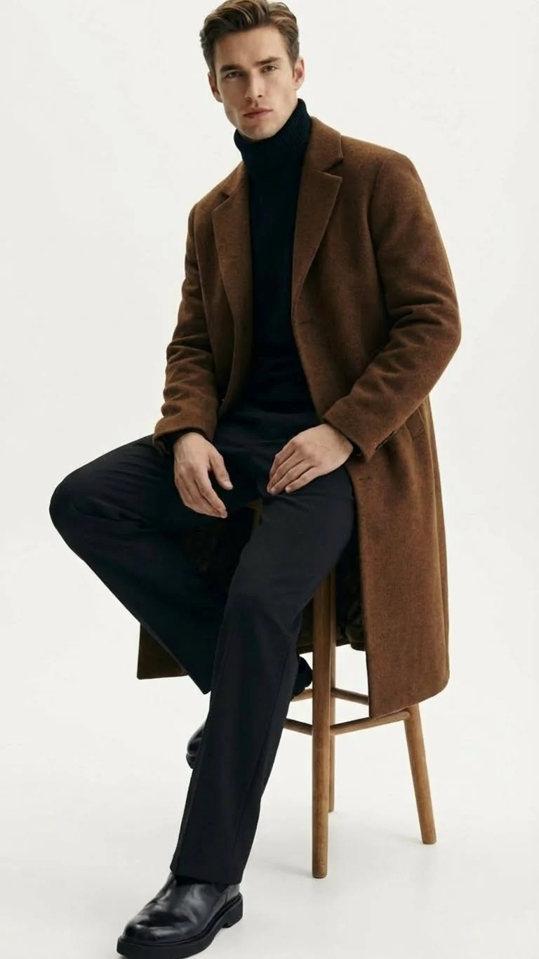 Men’s Brown Long Wool Overcoat – Topcoat Wool Carcoat Three Quarter - Image 4