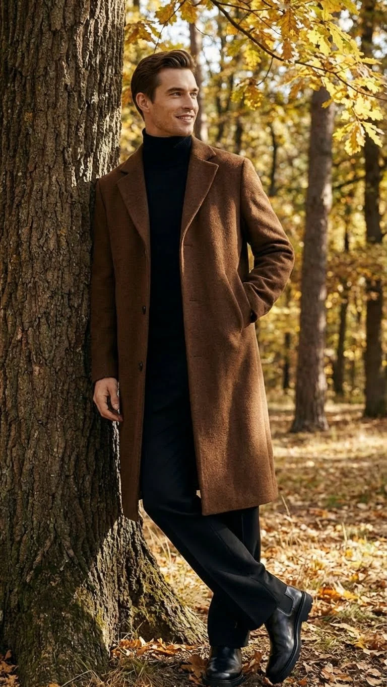 Men’s Brown Long Wool Overcoat – Topcoat Wool Carcoat Three Quarter - Image 5