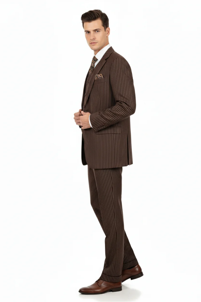 Men’s Brown Pinstripe 3-Piece Suit – Classic Business and Formal Wear with Vest - Image 6