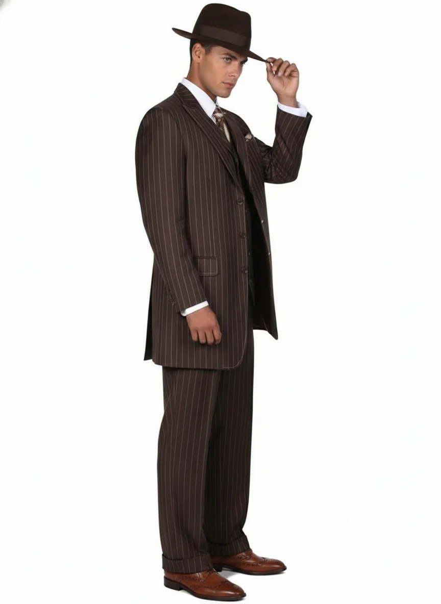 Men’s Brown Pinstripe 3-Piece Suit – Classic Wide Lapel Zoot Suit Classic Fit Pleated Pants - Image 5