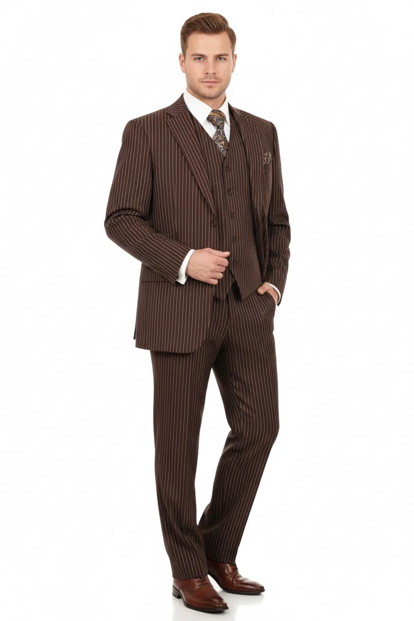 Men’s Brown Pinstripe 3-Piece Suits – Classic Business and Formal Wear with Vest - Image 4