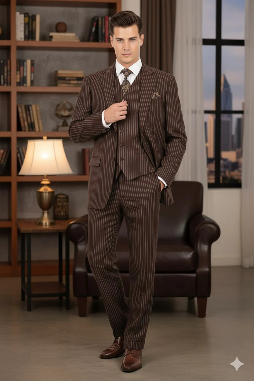 Men’s Brown Pinstripe 3-Piece Suits – Classic Business and Formal Wear with Vest - Image 5