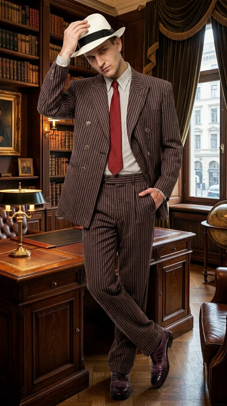 Men’s Brown Pinstripe Bonnie and Clyde Costume Suit – Vintage Gangster 1920s Outfit for Party, Halloween and Themed Events - Image 11