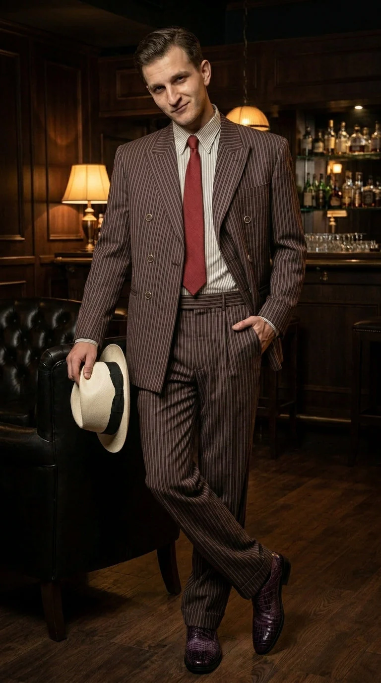 Men’s Brown Pinstripe Bonnie and Clyde Costume Suit – Vintage Gangster 1920s Outfit for Party, Halloween and Themed Events - Image 12