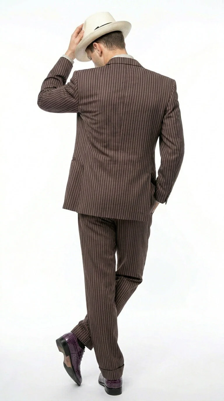 Men’s Brown Pinstripe Bonnie and Clyde Costume Suit – Vintage Gangster 1920s Outfit for Party, Halloween and Themed Events - Image 2