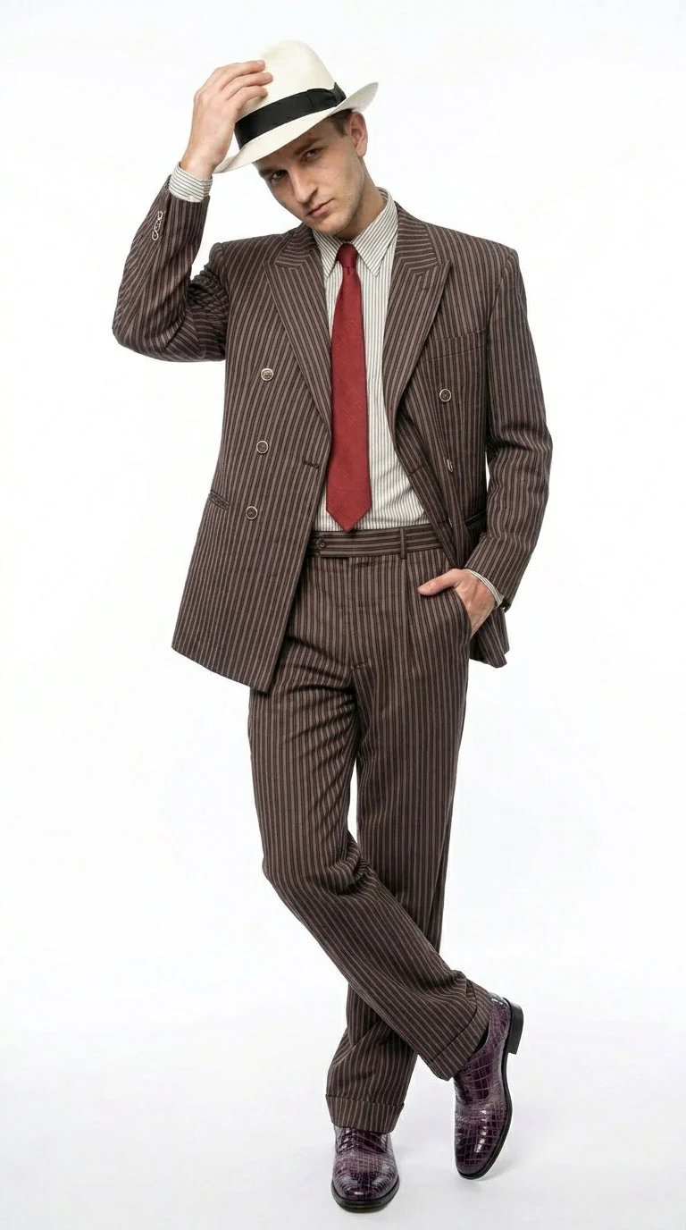 Men’s Brown Pinstripe Bonnie and Clyde Costume Suit – Vintage Gangster 1920s Outfit for Party, Halloween and Themed Events - Image 3
