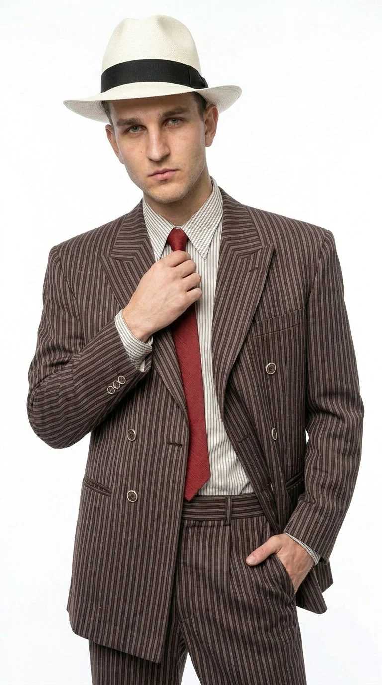 Men’s Brown Pinstripe Bonnie and Clyde Costume Suit – Vintage Gangster 1920s Outfit for Party, Halloween and Themed Events - Image 5