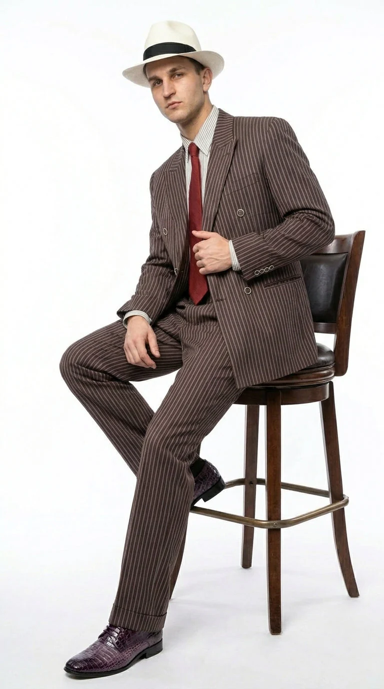 Men’s Brown Pinstripe Bonnie and Clyde Costume Suit – Vintage Gangster 1920s Outfit for Party, Halloween and Themed Events - Image 6