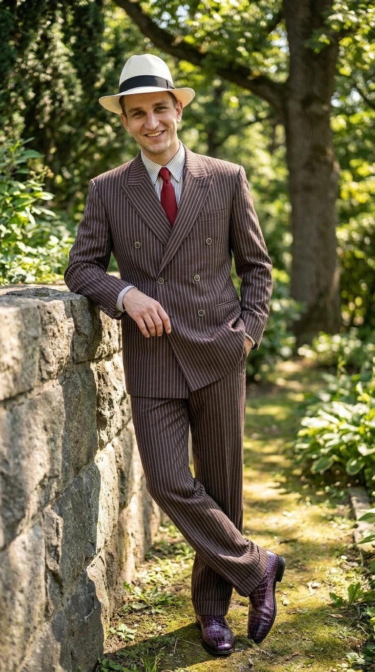 Men’s Brown Pinstripe Bonnie and Clyde Costume Suit – Vintage Gangster 1920s Outfit for Party, Halloween and Themed Events - Image 9