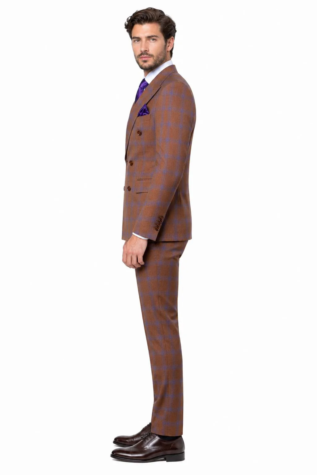 Men’s Brown Plaid Double-Breasted Suit – Premium 2-Piece Classic Checkered Windowpane Suit by Rossiman - Image 3