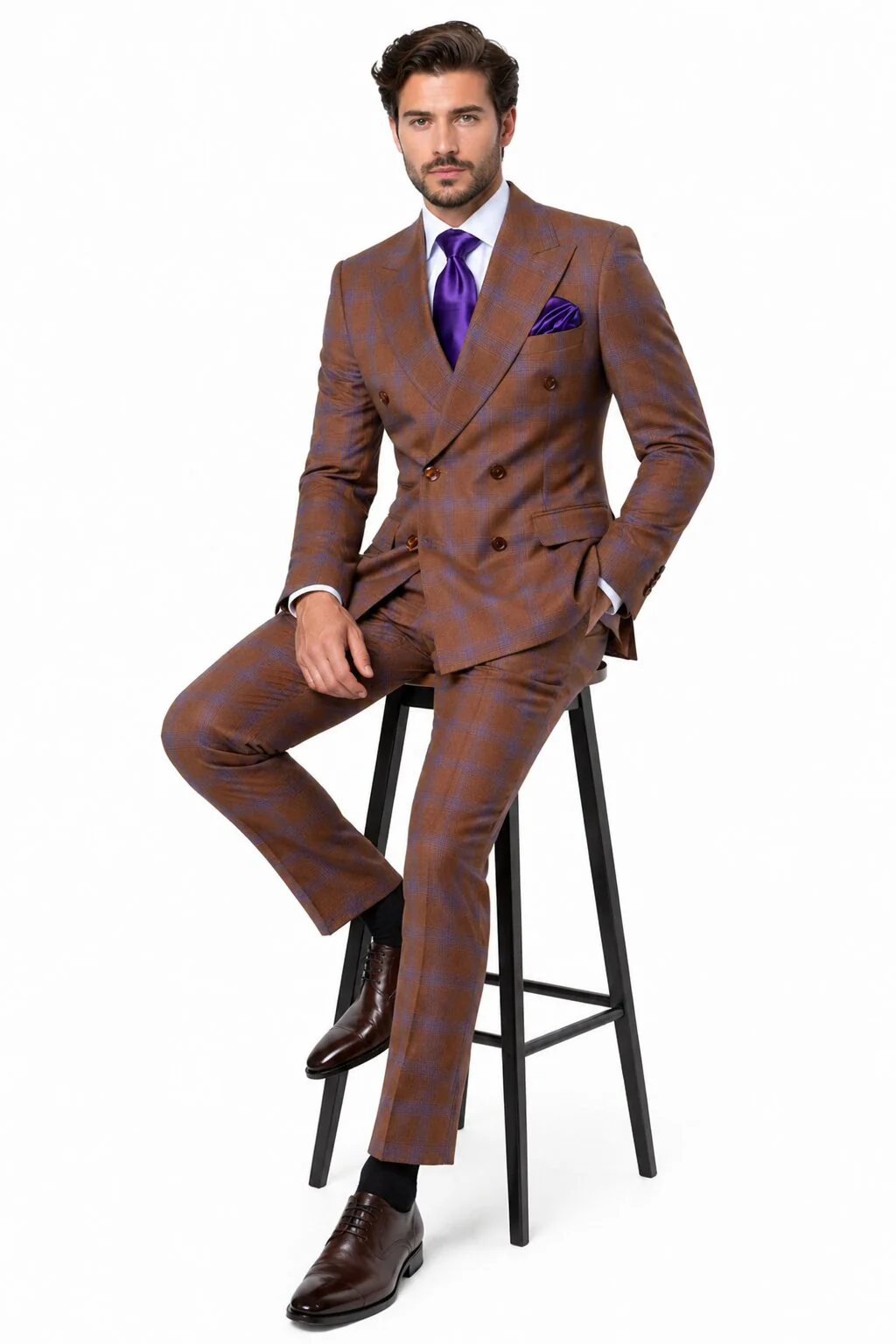 Men’s Brown Plaid Double-Breasted Suit – Premium 2-Piece Classic Checkered Windowpane Suit by Rossiman - Image 4