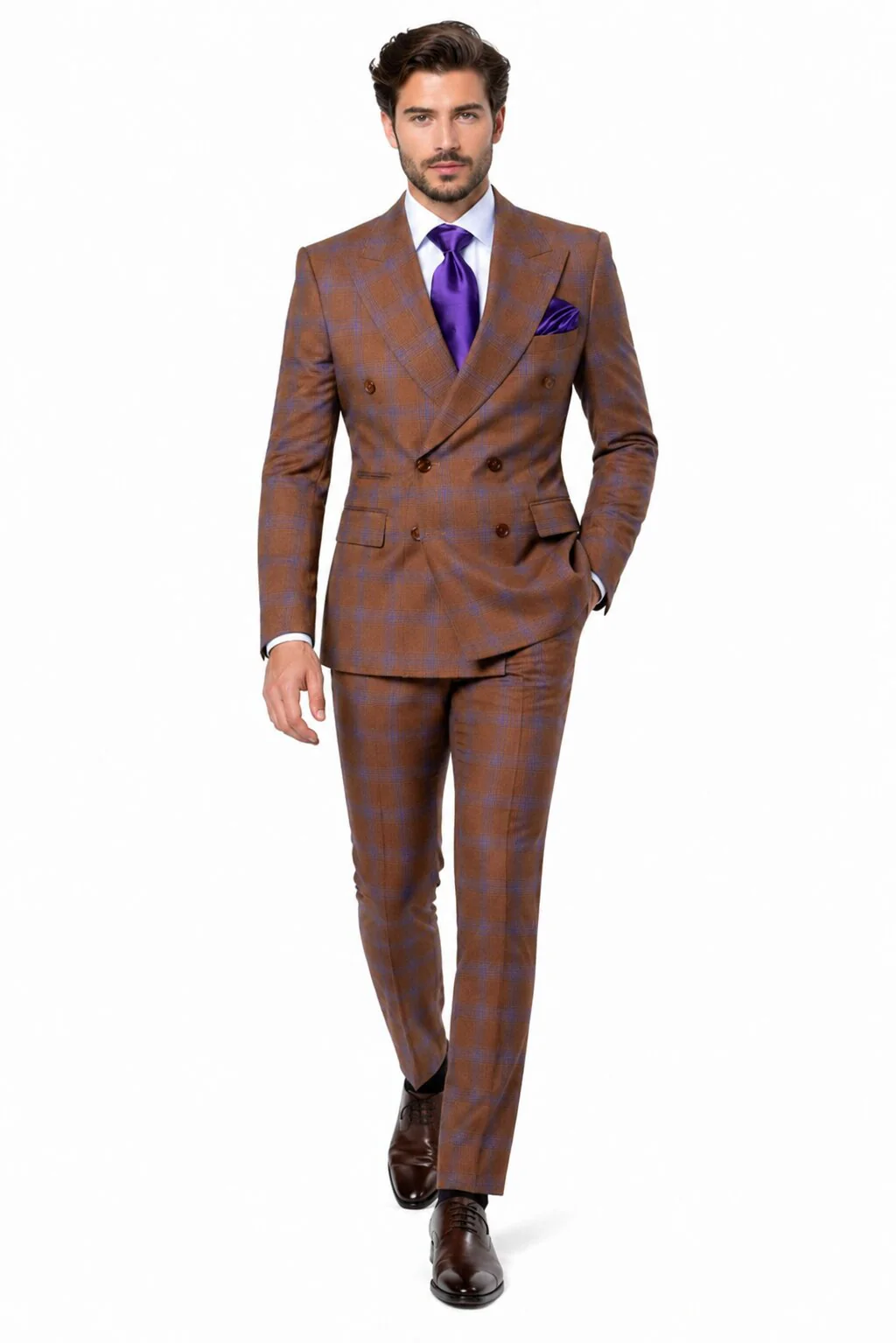 Men’s Brown Plaid Double-Breasted Suit – Premium 2-Piece Classic Checkered Windowpane Suit by Rossiman - Image 5