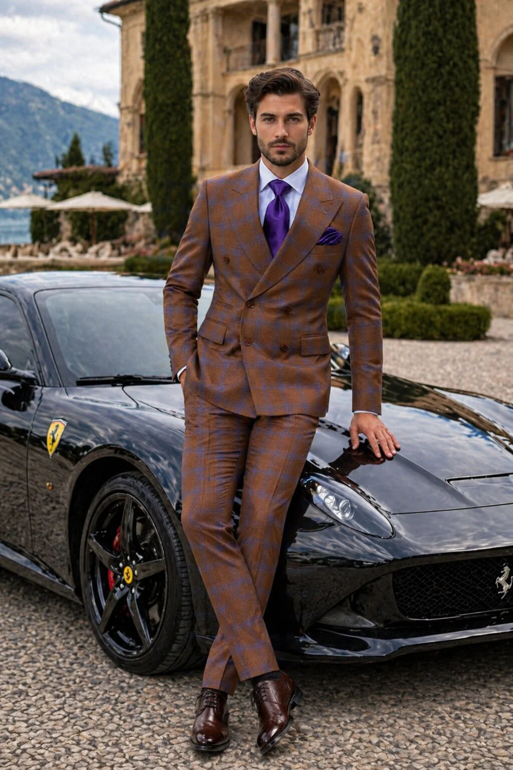 Men’s Brown Plaid Double-Breasted Suit – Premium 2-Piece Classic Checkered Windowpane Suit by Rossiman - Image 7