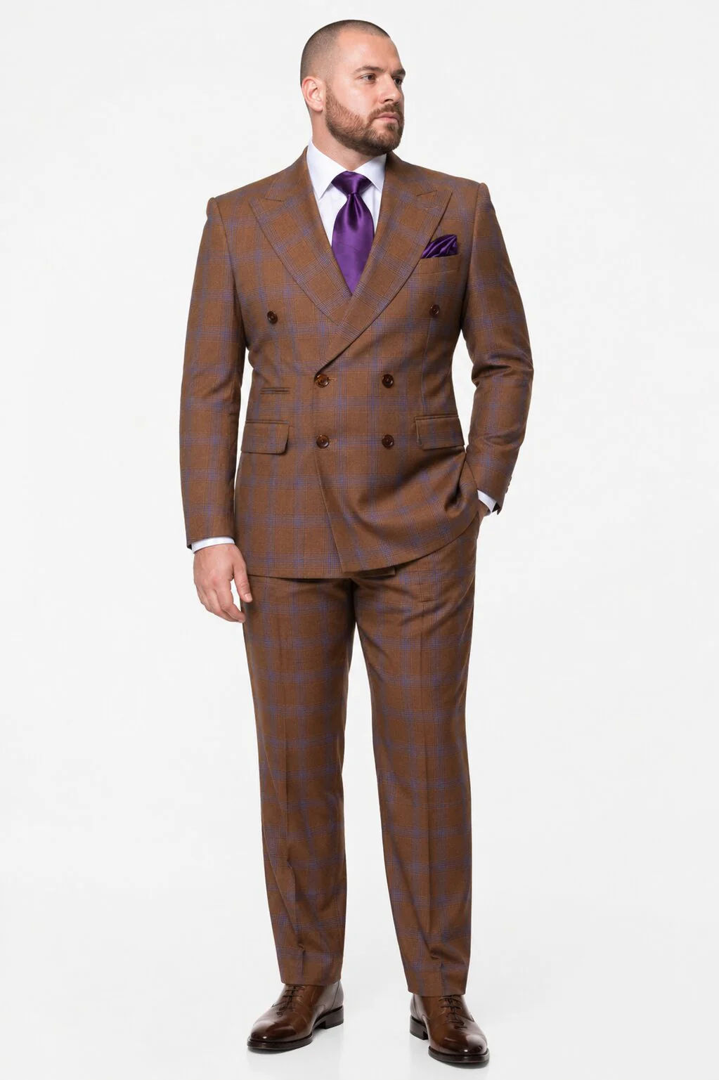 Men’s Brown Plaid Double-Breasted Suit – Premium 2-Piece Classic Checkered Windowpane Suit by Rossiman - Image 8