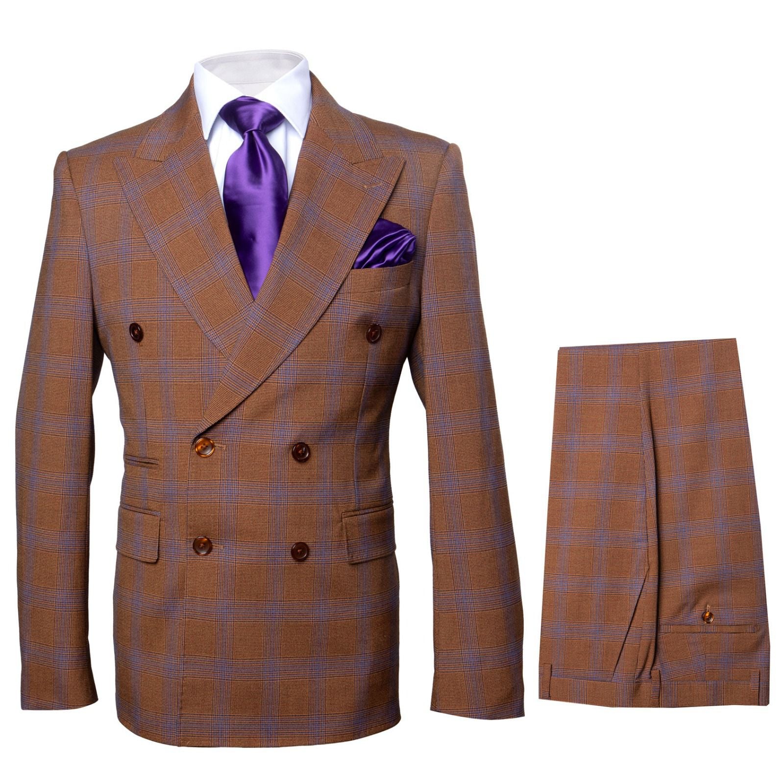 Men’s Brown Plaid Double-Breasted Suit – Premium 2-Piece Classic Checkered Windowpane Suit by Rossiman - Image 9