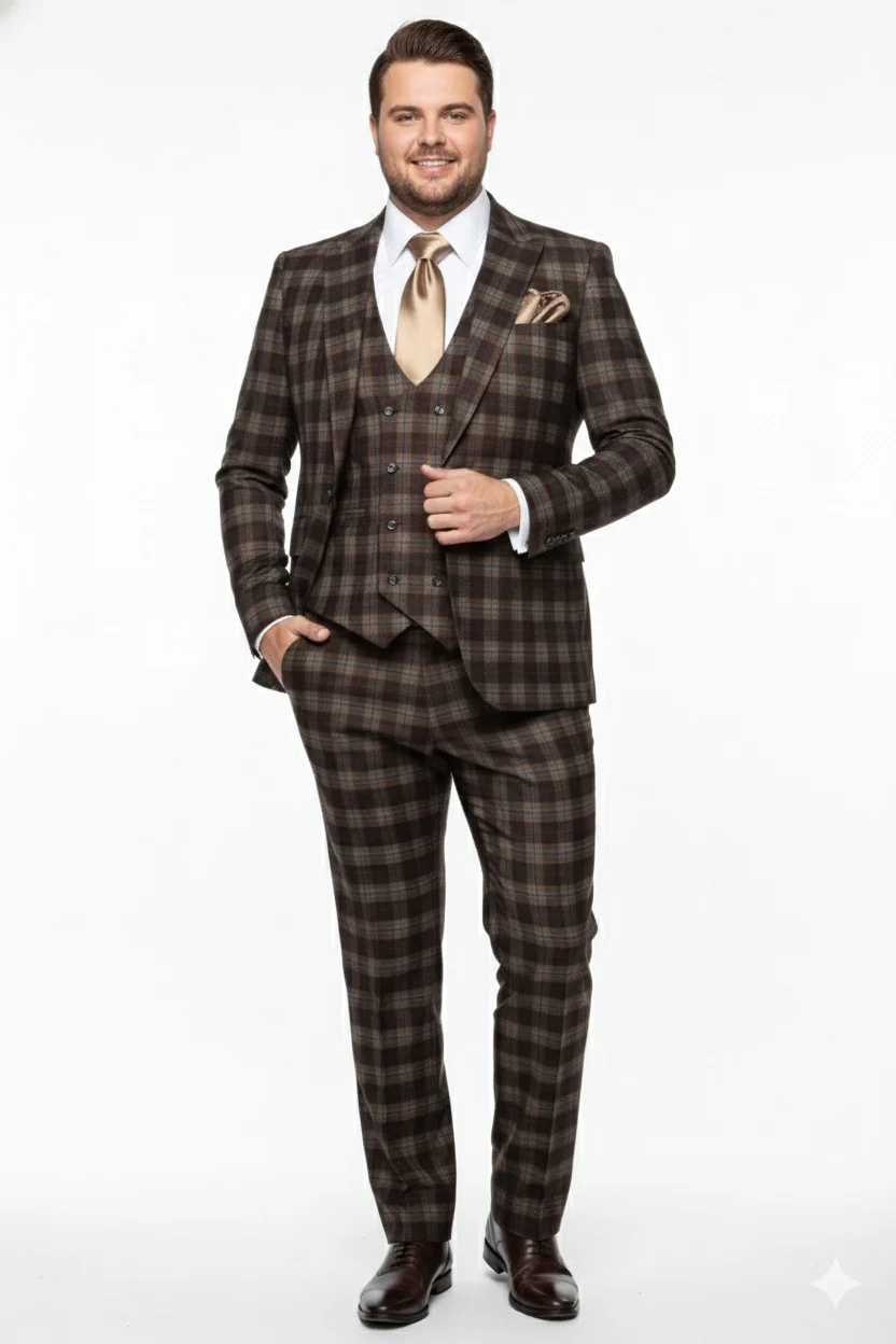 Men’s Brown Plaid Windowpane Three-Piece Suit Set – Classic Slim Fit Jacket, Double-Breasted Vest and Modern Fit Pants  By Rossiman - Image 7
