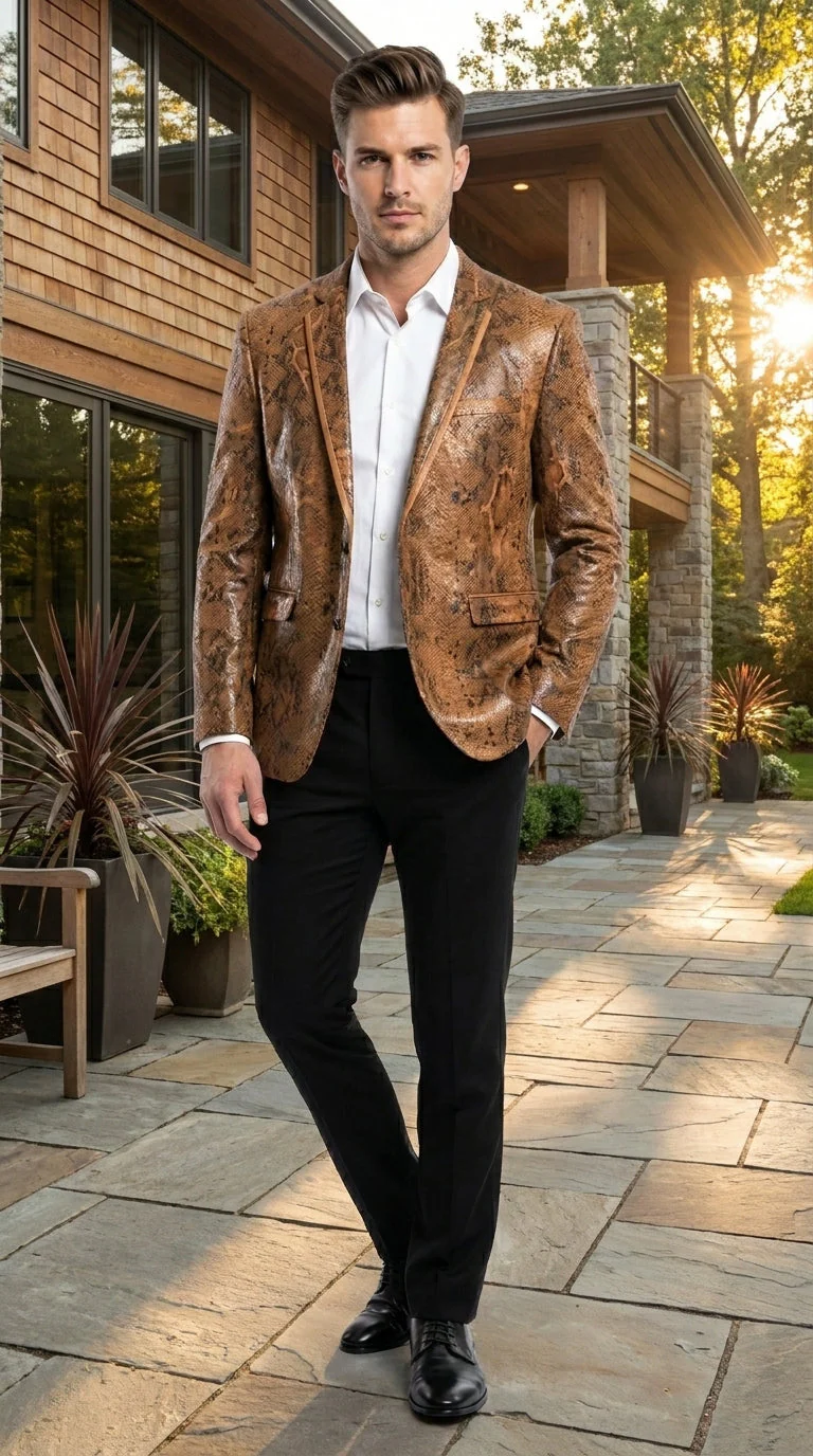 Men’s Brown Snakeskin Pattern Blazer – Stylish Exotic Print Formal Blazer Jacket for Party, Exotic Crocodile Alligator Print - Image 11