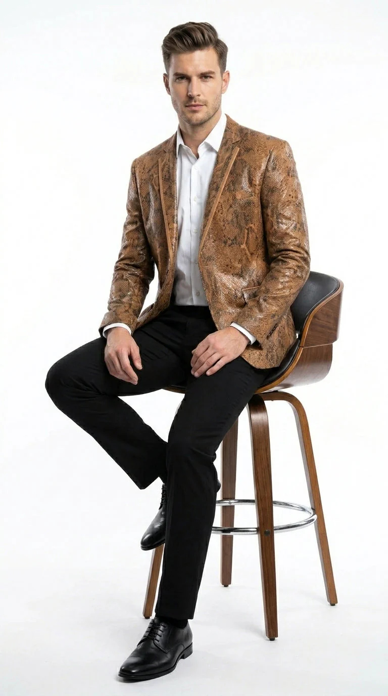 Men’s Brown Snakeskin Pattern Blazer – Stylish Exotic Print Formal Blazer Jacket for Party, Exotic Crocodile Alligator Print - Image 4
