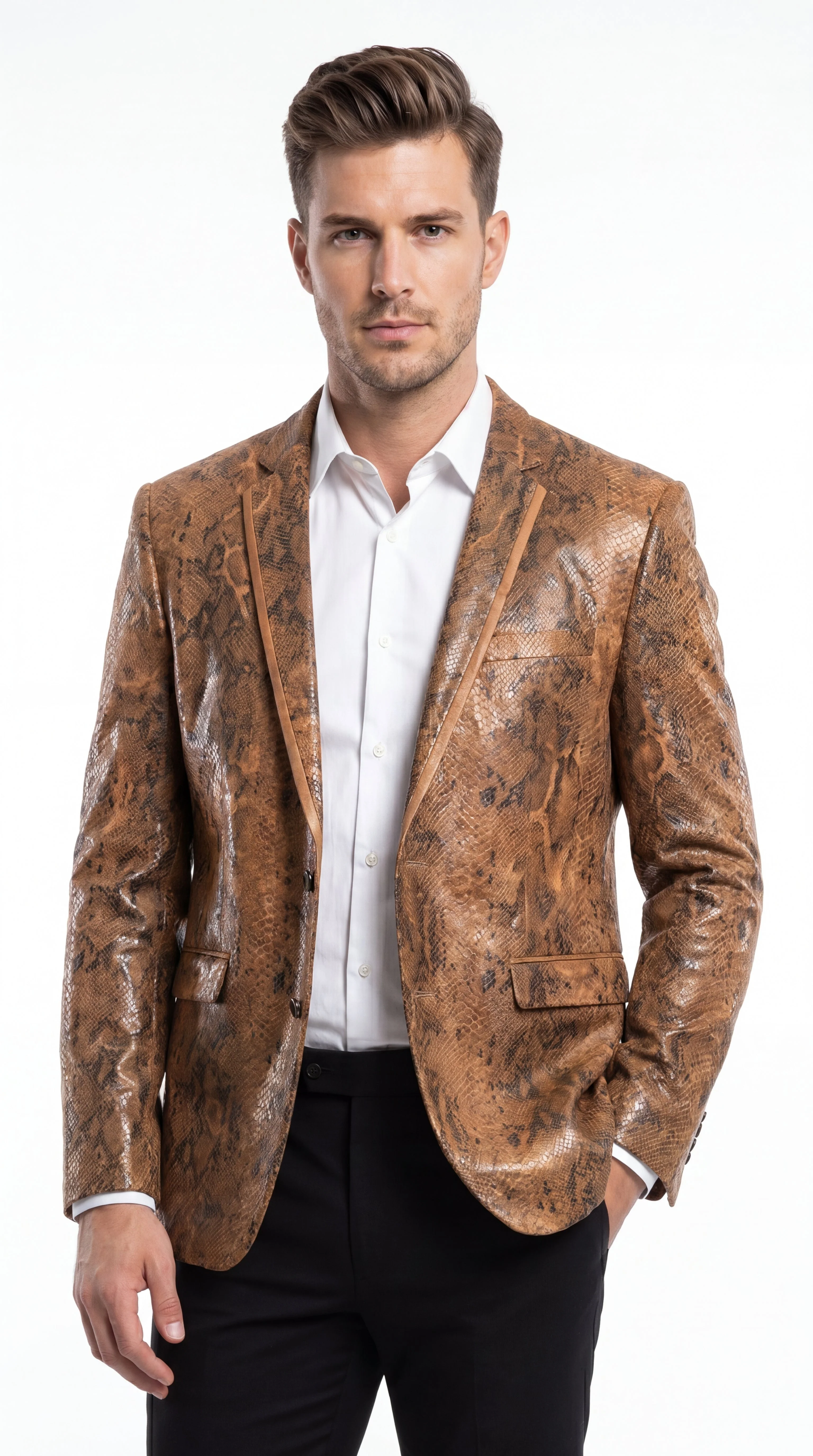 Men’s Brown Snakeskin Pattern Blazer – Stylish Exotic Print Formal Blazer Jacket for Party, Exotic Crocodile Alligator Print - Image 5