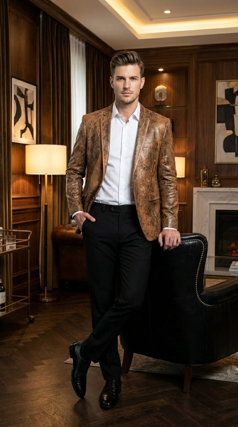 Men’s Brown Snakeskin Pattern Blazer – Stylish Exotic Print Formal Blazer Jacket for Party, Exotic Crocodile Alligator Print - Image 8