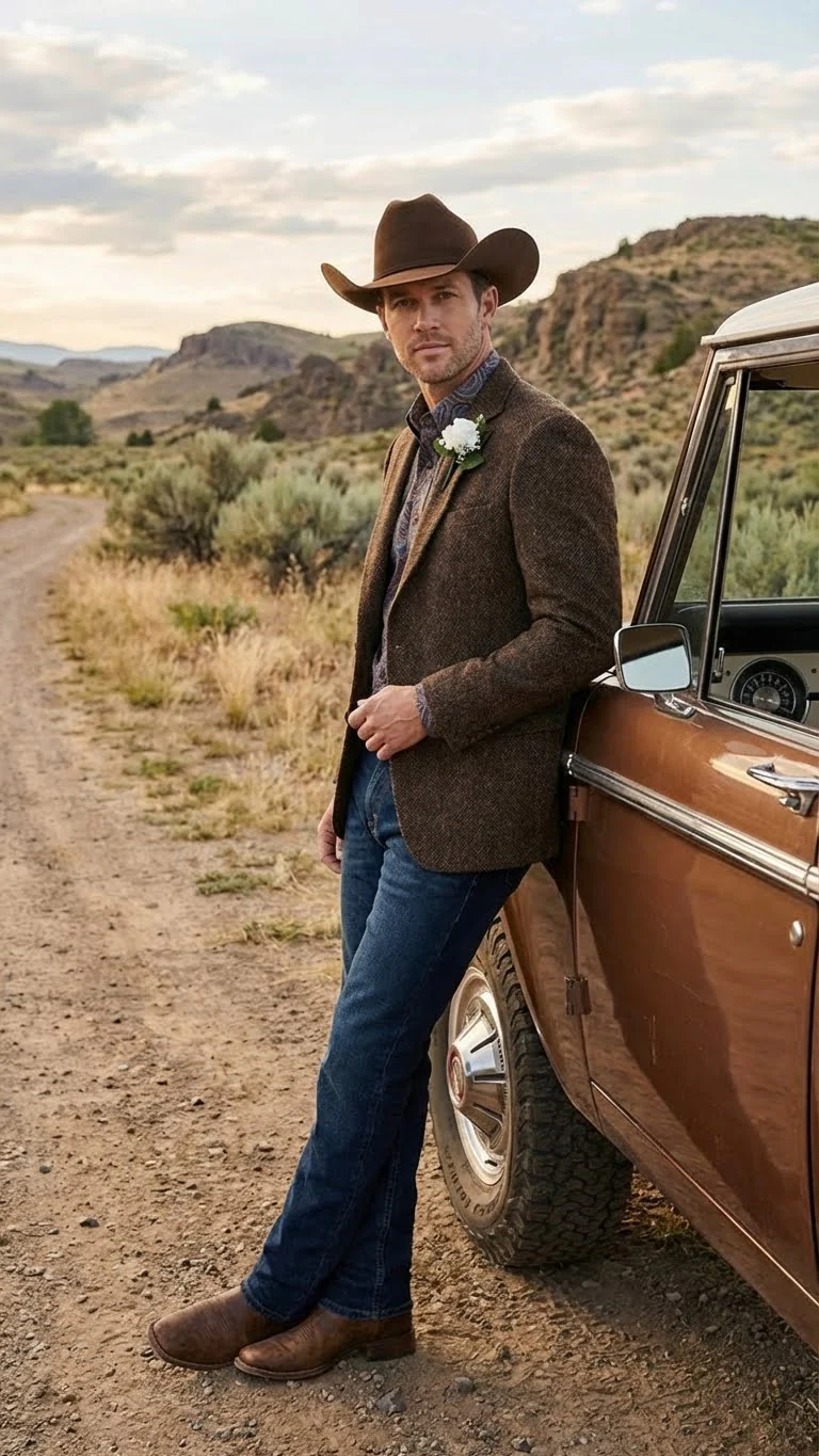 Men’s Brown Western Tweed Herringbone Blazer Jacket – Classic Cowboy Style Sport Coat for Wedding Party - Image 6