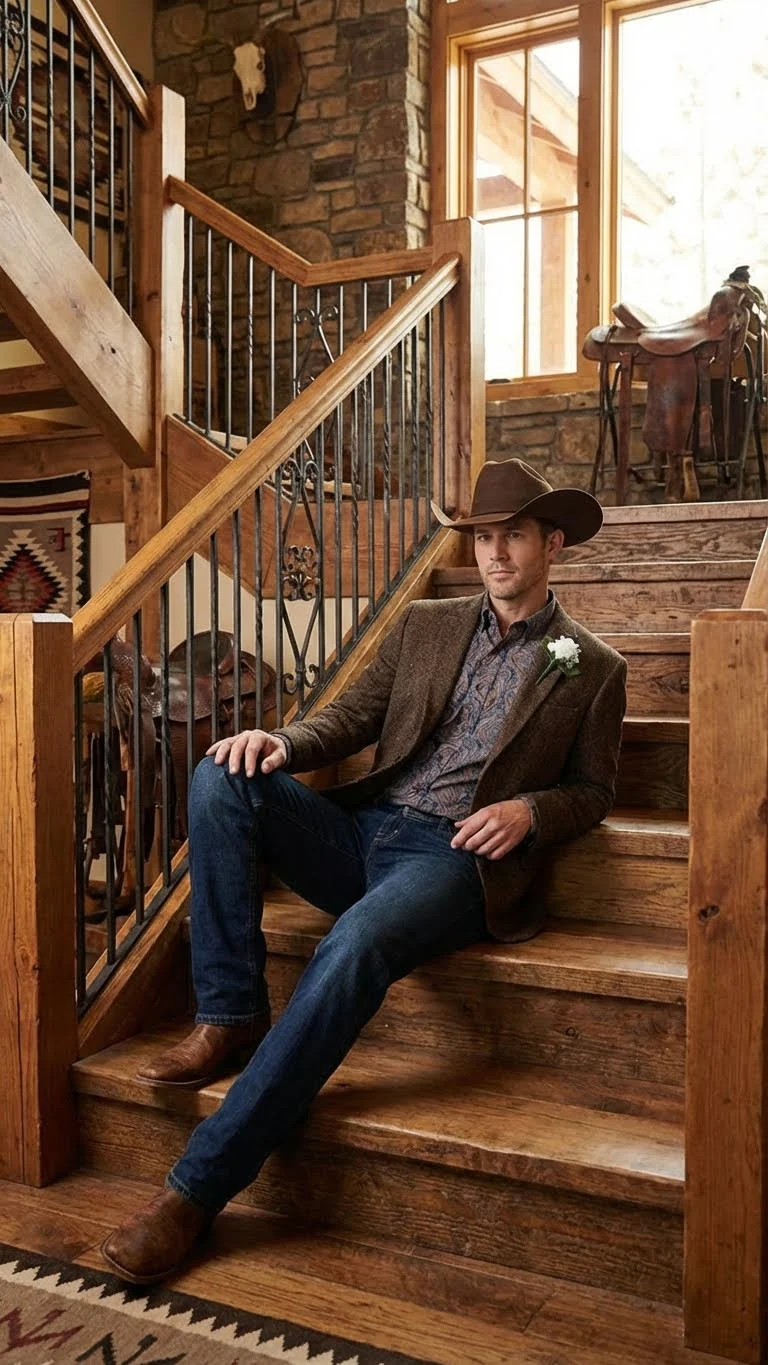 Men’s Brown Western Tweed Herringbone Blazer Jacket – Classic Cowboy Style Sport Coat for Wedding Party - Image 7